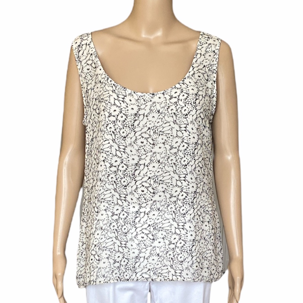 Susie Tompkins Esprit white gray floral print silk top size L